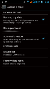 Backup and Restore screen in Android settings